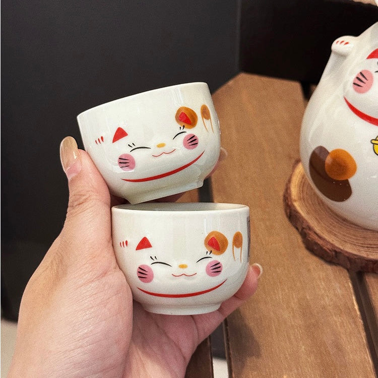 Lucky Cat Ceramic Sake Set - Japanese Gift Packaging, 1 Bottle & 2 Cups