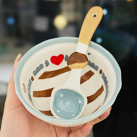 Chestnut Ceramic Cereal Bowl Set | Cute Bowl with Spoon