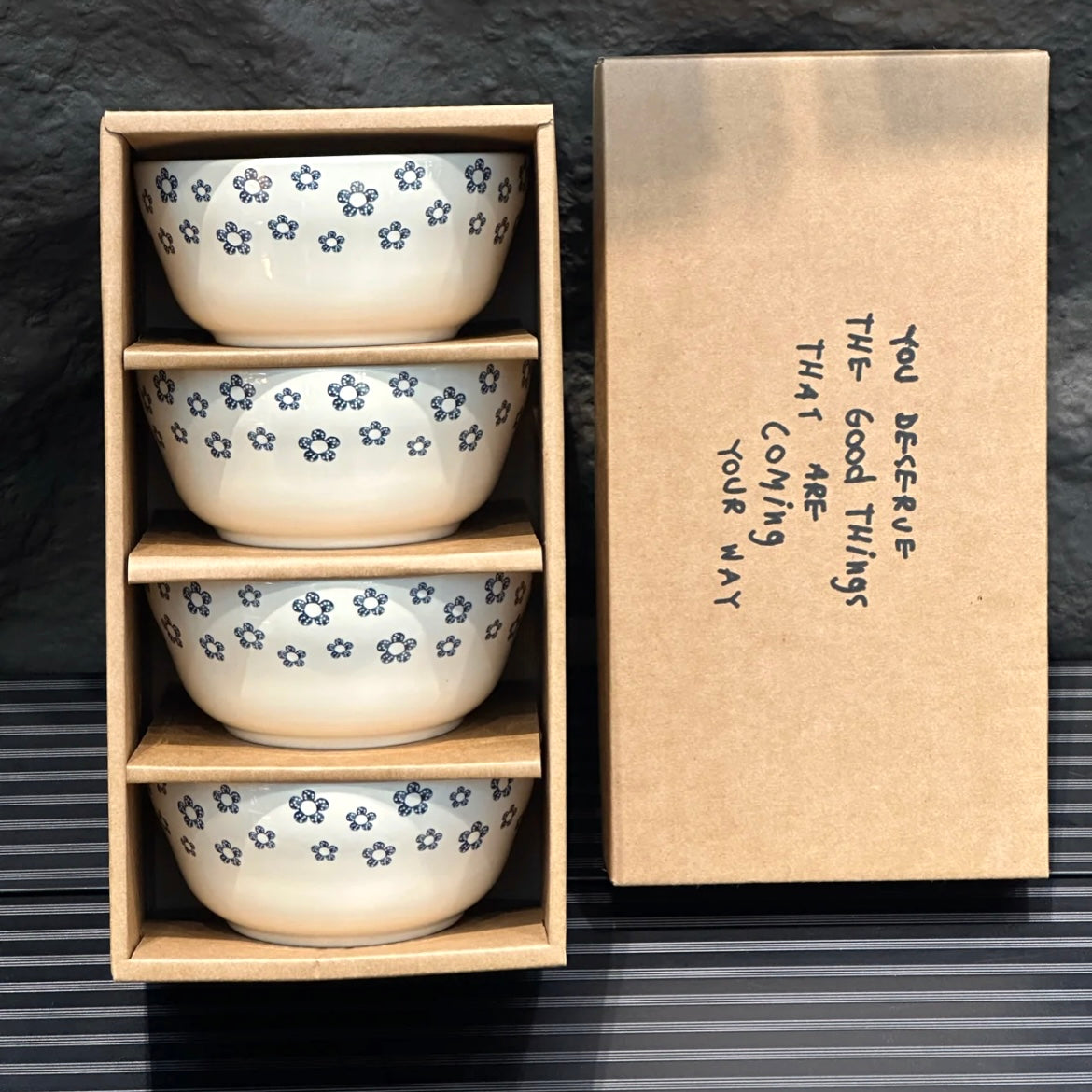 Blue Blossom Ceramic Bowl Gift Set – Set of 4, Perfect for Gifting