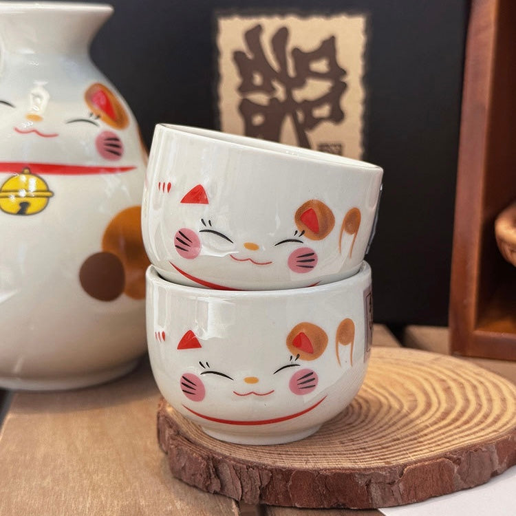 Lucky Cat Ceramic Sake Set - Japanese Gift Packaging, 1 Bottle & 2 Cups