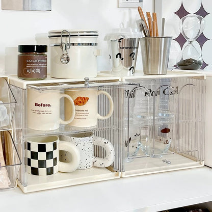 Stackable Double-Layer Cup Storage Rack - Dustproof & Space-Saving Cream Design
