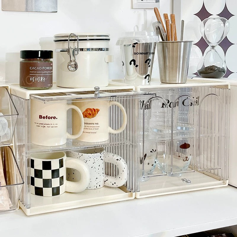 Stackable Double-Layer Cup Storage Rack - Dustproof & Space-Saving Cream Design