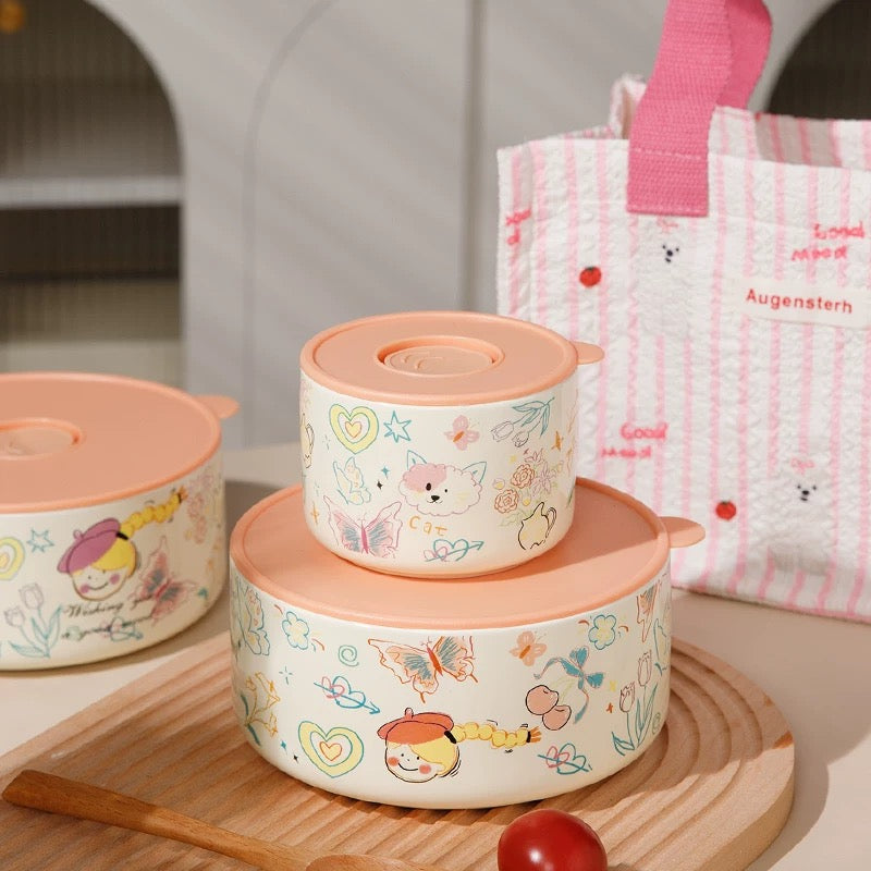 Crayon Doodle Ceramic Storage Bowl with Lid - Cute and Versatile Design, Multiple Sizes