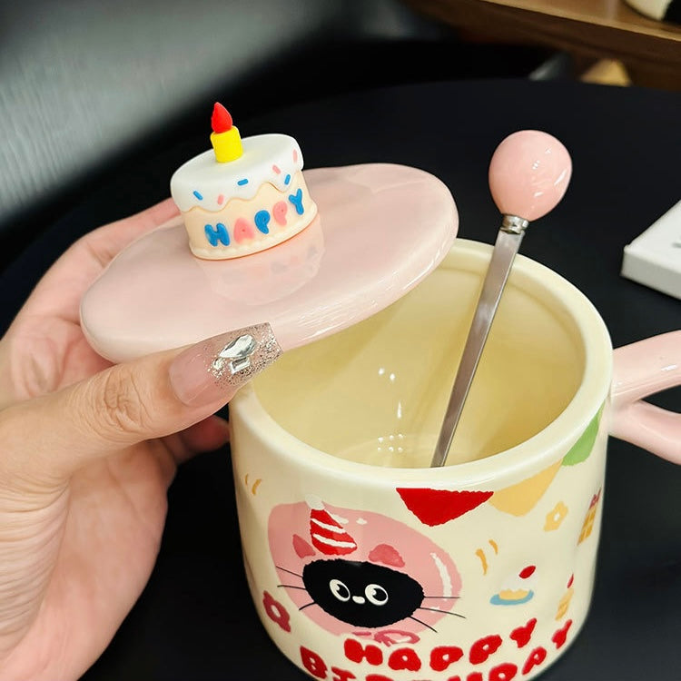 Birthday Cake Cat Ceramic Mug – 350ml with Lid – Perfect Birthday Gift