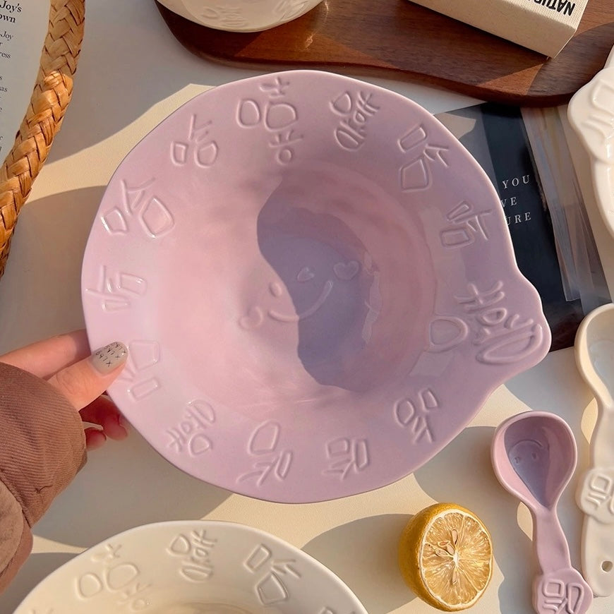 Playful Ceramic Plate with “Xixi Haha” Design | Deep Dish for Soups and Salads