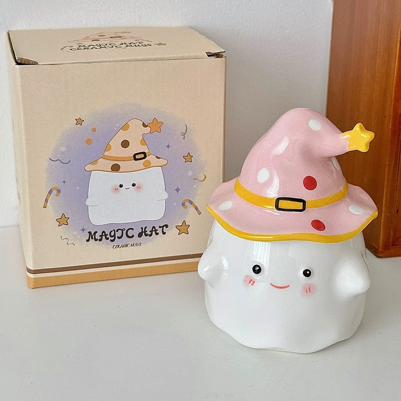 Cute Ghost Ceramic Mug with Wizard Hat Lid | 350ml Capacity, Perfect for Couples