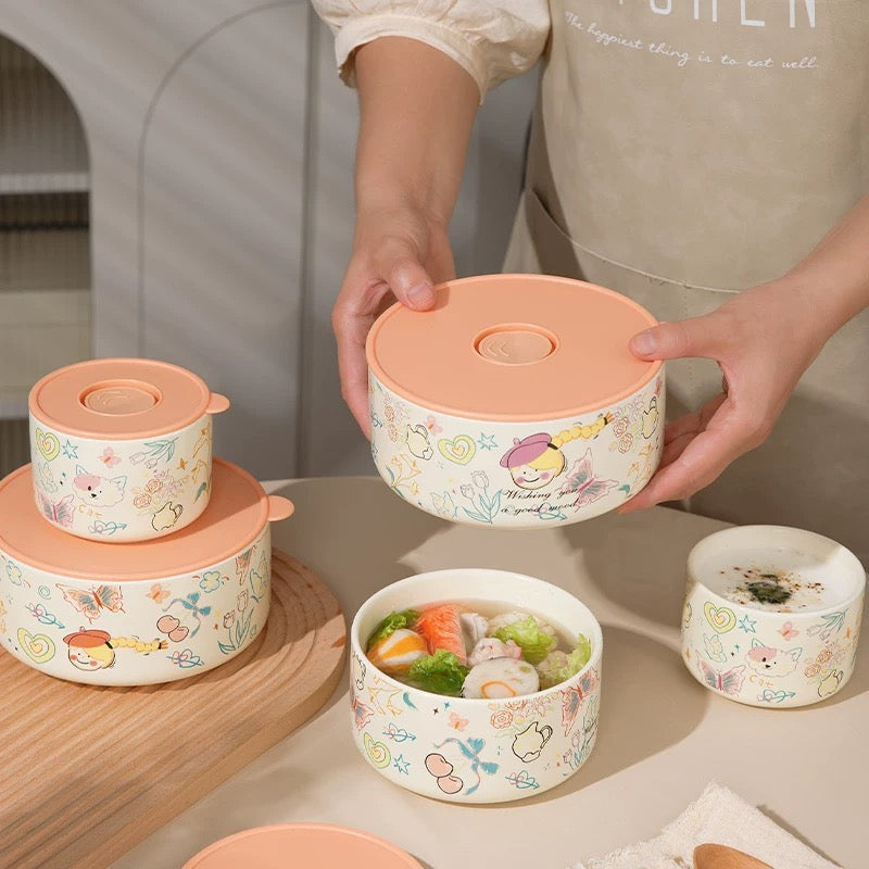 Crayon Doodle Ceramic Storage Bowl with Lid - Cute and Versatile Design, Multiple Sizes