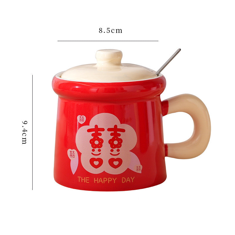 Double Happiness Ceramic Mug Gift Set – Traditional Chinese Wedding Tea Cups with Lids & Spoons