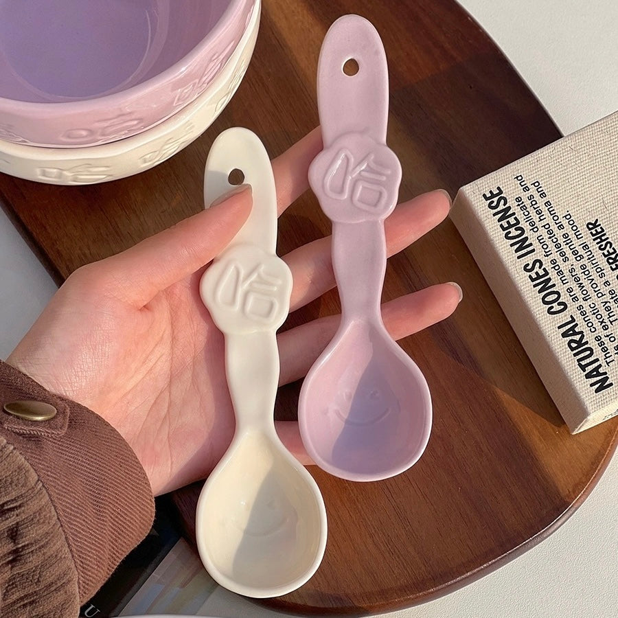 Cheerful Ceramic Bowl with Spoon | 550ml | Fun “Xixi Haha” Design | Microwave & Dishwasher Safe