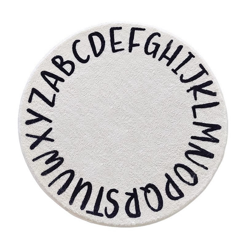 Black and White Alphabet Plush Bedside Rug | Ultra-Soft 100x100cm Round Carpet | Cozy & Soft Design