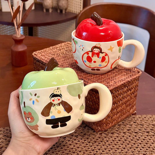Apple-Themed Ceramic Mugs with Red & Green Lids – Gift-Ready Packaging, 420ML Capacity
