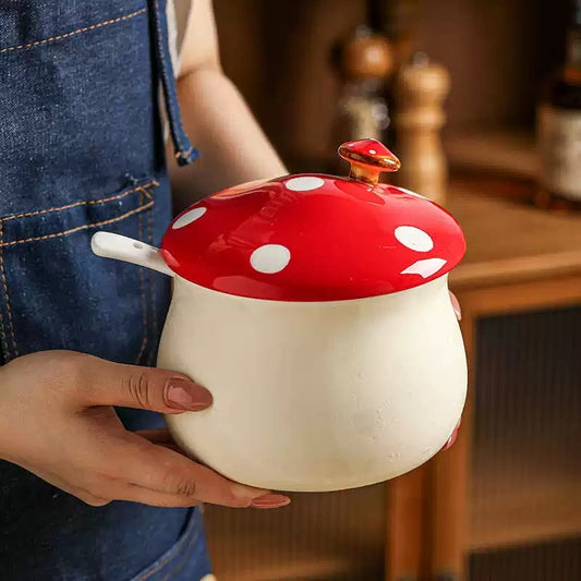 Mushroom Ceramic Oil Jar with Spoon - 600ml Storage for Chili Oil & Condiments