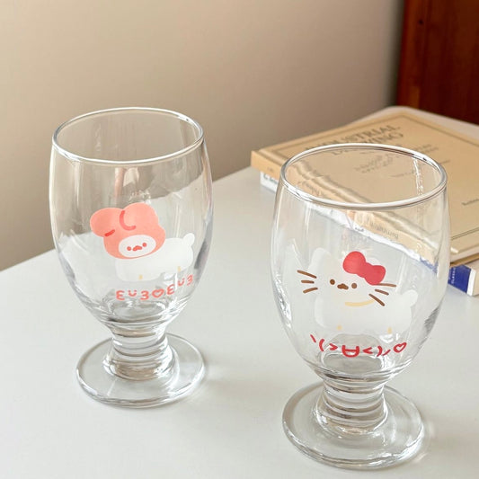 Cute Cat & Bunny High-Stem Glass Mug | 300ml Cute Drinking Glass