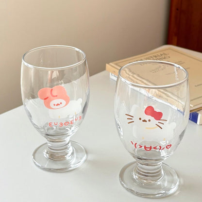 Cute Cat & Bunny High-Stem Glass Mug | 300ml Cute Drinking Glass