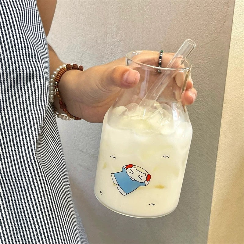 Adorable Cat Line-Art Glass Pitcher with Thick Straw, 650ML Capacity
