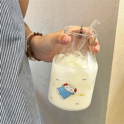 Adorable Cat Line-Art Glass Pitcher with Thick Straw, 650ML Capacity