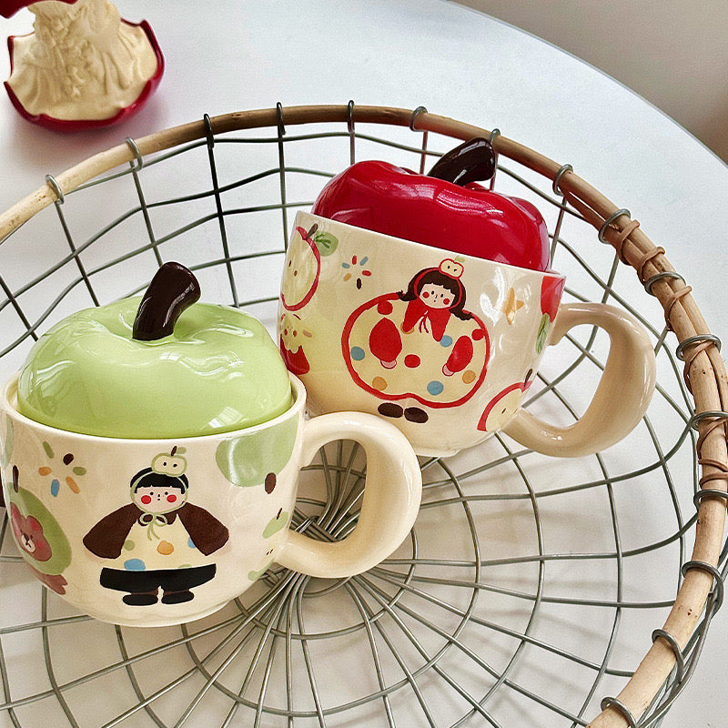 Apple-Themed Ceramic Mugs with Red & Green Lids – Gift-Ready Packaging, 420ML Capacity