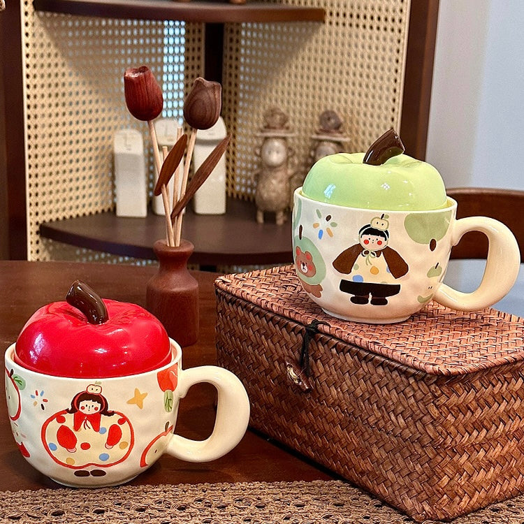 Apple-Themed Ceramic Mugs with Red & Green Lids – Gift-Ready Packaging, 420ML Capacity