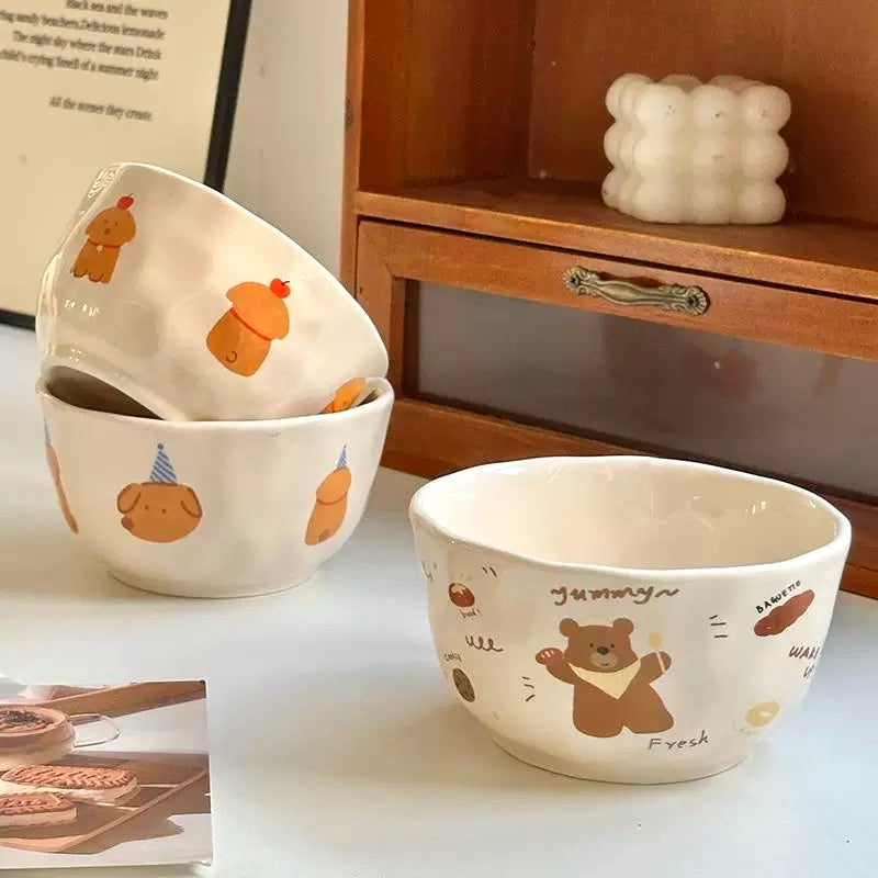 Cute Cartoon Ceramic Cereal Bowl – Apple Dog, Cookie Dog, Bread Bear | Microwave & Dishwasher Safe
