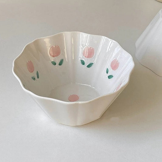 Hand-Painted Tulip Ceramic Bowl | 800ML Capacity, Microwave & Dishwasher Safe