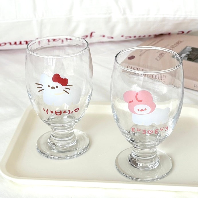 Cute Cat & Bunny High-Stem Glass Mug | 300ml Cute Drinking Glass