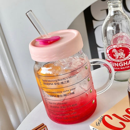 Time-Marked Glass Cup with Lid and Straw | 800ML Capacity, Large-Capacity Drinkware
