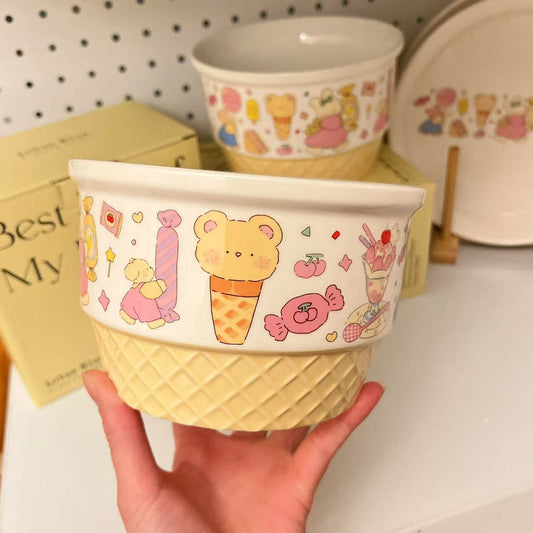 Cute Ice Cream Party Ceramic Ramen Bowl – 1050ML Large Capacity, Microwave & Dishwasher Safe