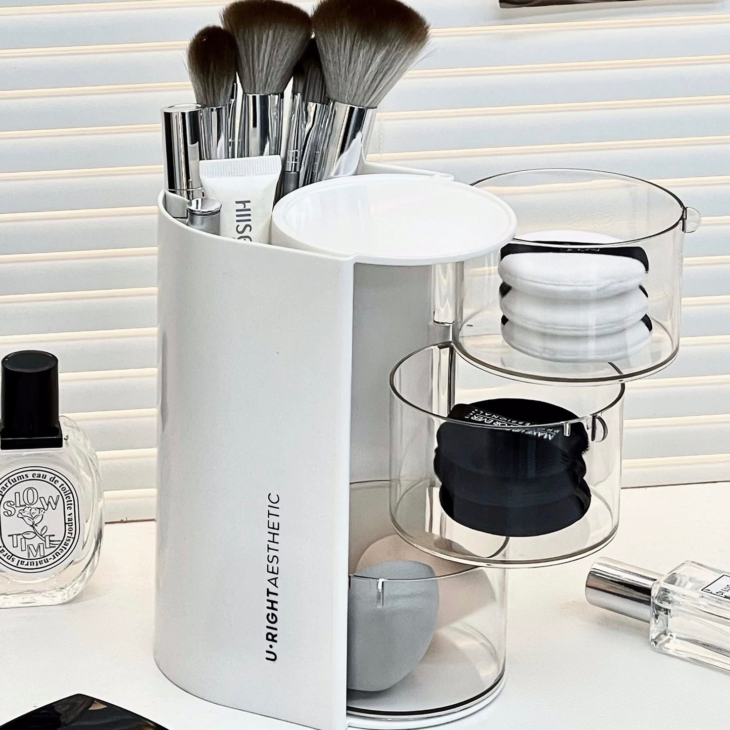 Rotating Makeup Brush and Sponge Organizer – Compact 3-Tier Storage Box