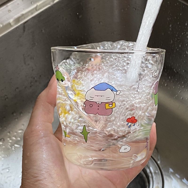 Sleepy Kitty Cartoon Glass Mug | 320ML Capacity, Dishwasher Safe