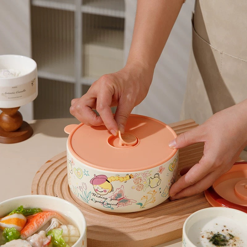 Crayon Doodle Ceramic Storage Bowl with Lid - Cute and Versatile Design, Multiple Sizes
