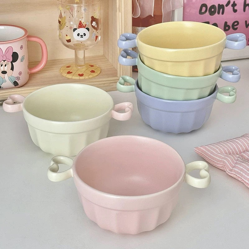 Macaron Color Double-Handle Yogurt Bowl - Cute Heart-Shaped Design