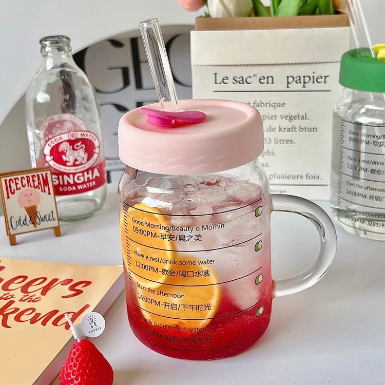Time-Marked Glass Cup with Lid and Straw | 800ML Capacity, Large-Capacity Drinkware