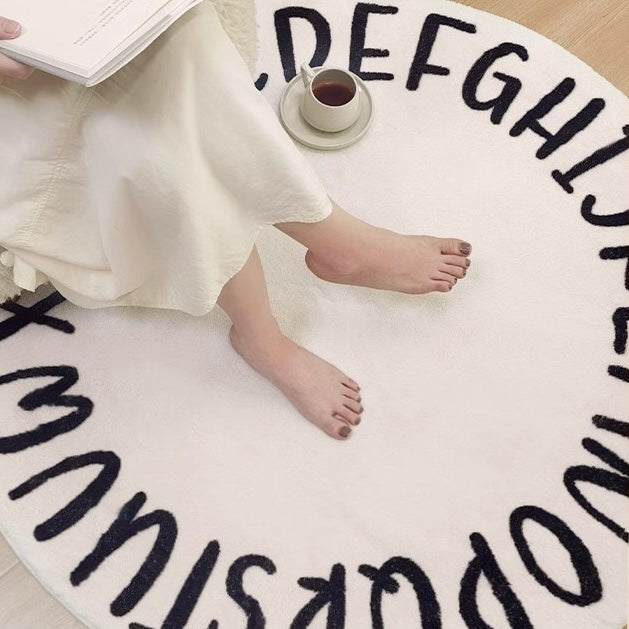 Black and White Alphabet Plush Bedside Rug | Ultra-Soft 100x100cm Round Carpet | Cozy & Soft Design