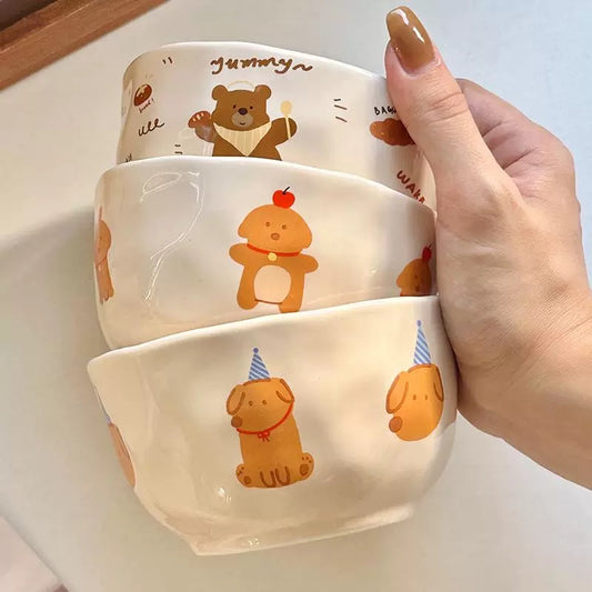 Cute Cartoon Ceramic Cereal Bowl – Apple Dog, Cookie Dog, Bread Bear | Microwave & Dishwasher Safe