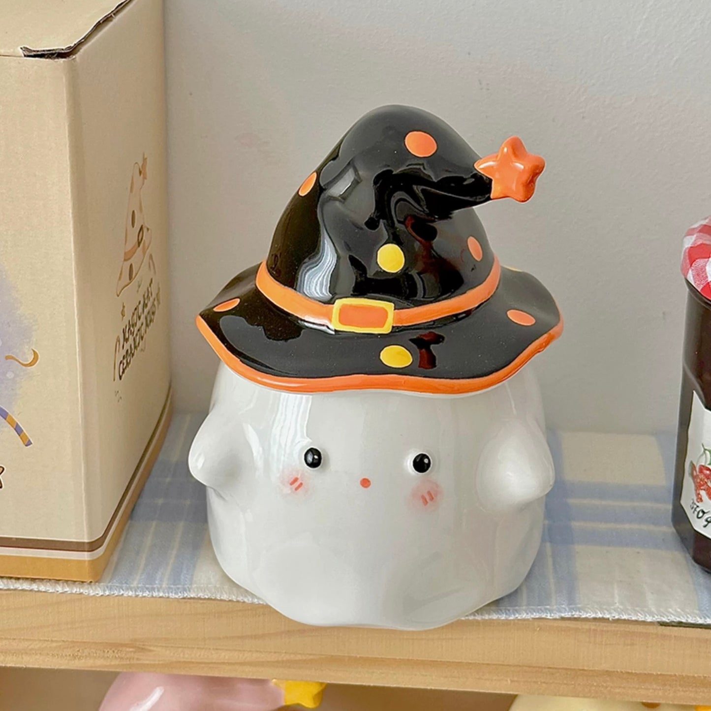 Cute Ghost Ceramic Mug with Wizard Hat Lid | 350ml Capacity, Perfect for Couples