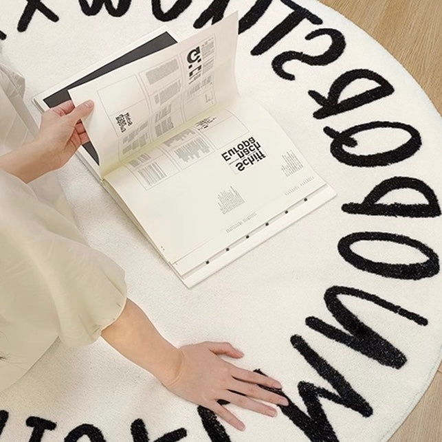 Black and White Alphabet Plush Bedside Rug | Ultra-Soft 100x100cm Round Carpet | Cozy & Soft Design