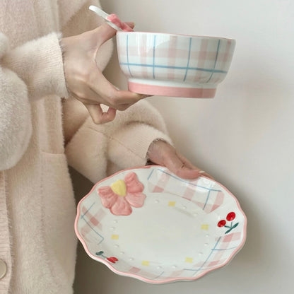 Pink Floral Ceramic Dinnerware Gift Set – Adorable 3-Piece Tableware, Perfect for Gifting