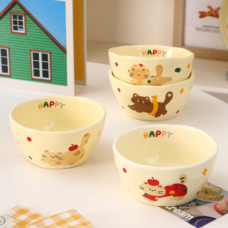 Happy Cat Ceramic Bowl Gift Set – Set of 4, Perfect for Gifting