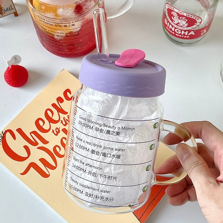Time-Marked Glass Cup with Lid and Straw | 800ML Capacity, Large-Capacity Drinkware