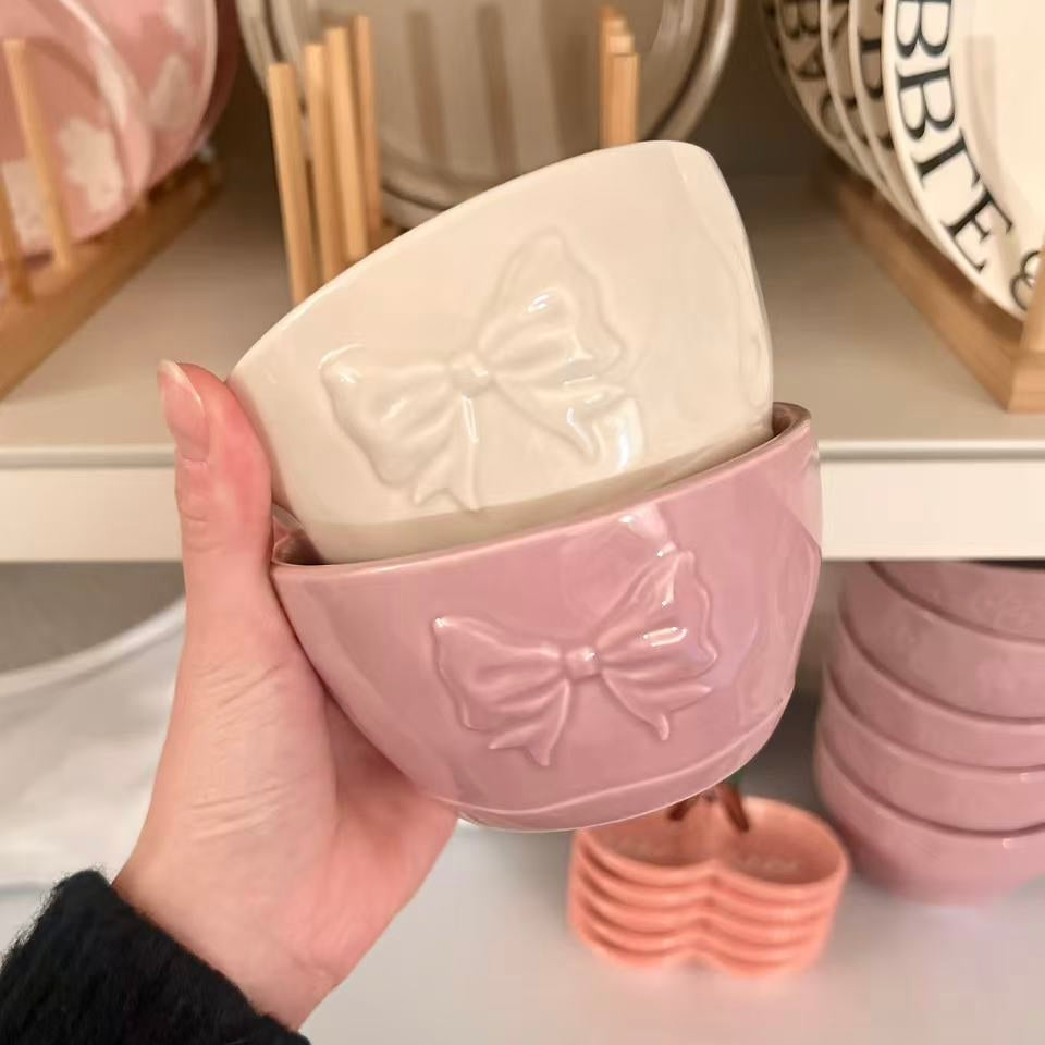 Butterfly Bow Ceramic Cereal Bowls Set - Set of 2 | Creamy White & Lavender Purple