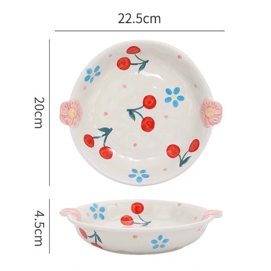 Cherry Blossom Hand-Painted Dinnerware Set | Cute Floral Design with Handles | Microwave & Dishwasher Safe