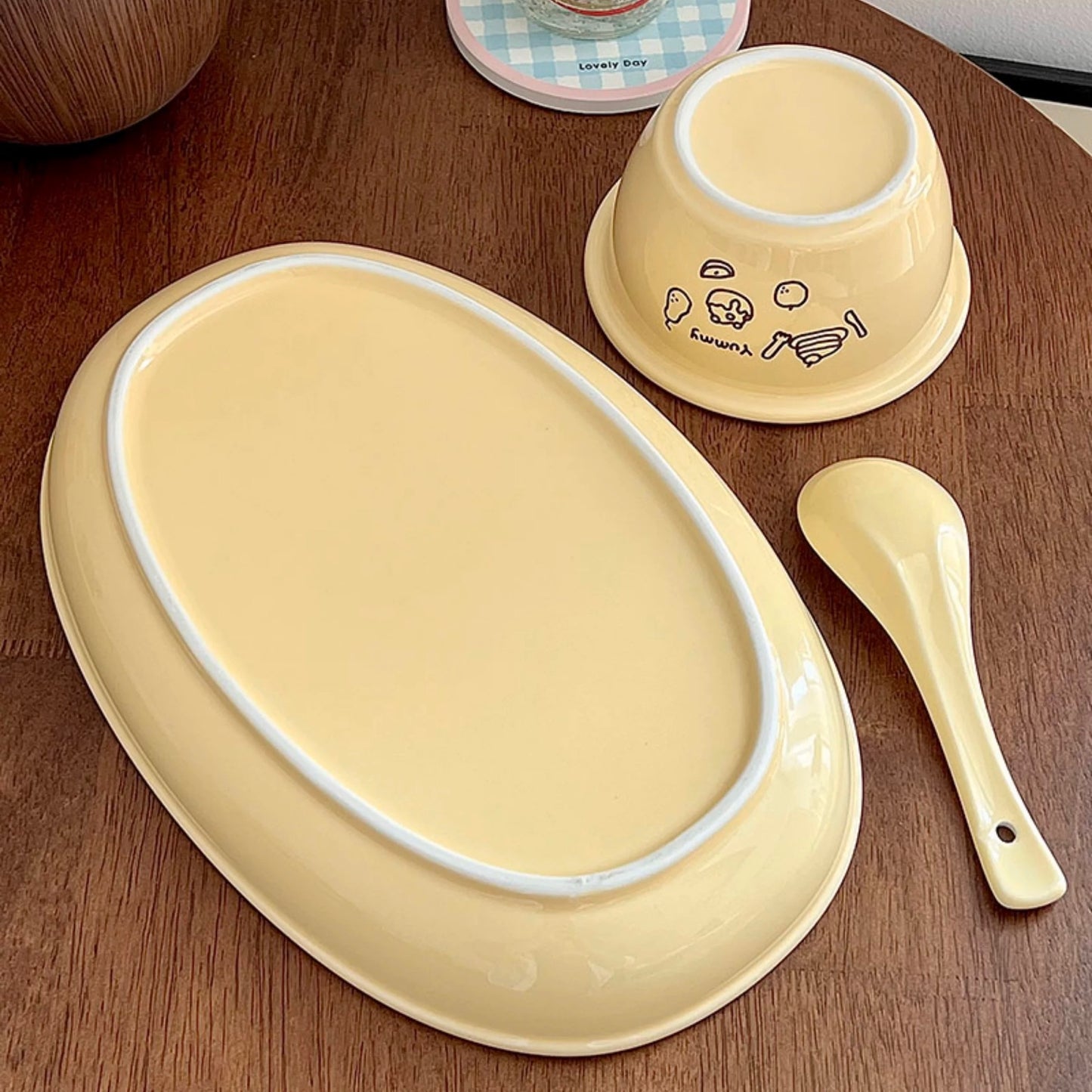 Cheese Yellow Ceramic Dinnerware Set – Set of 3 | Bowl, Oval Plate & Spoon with Fun Illustrations