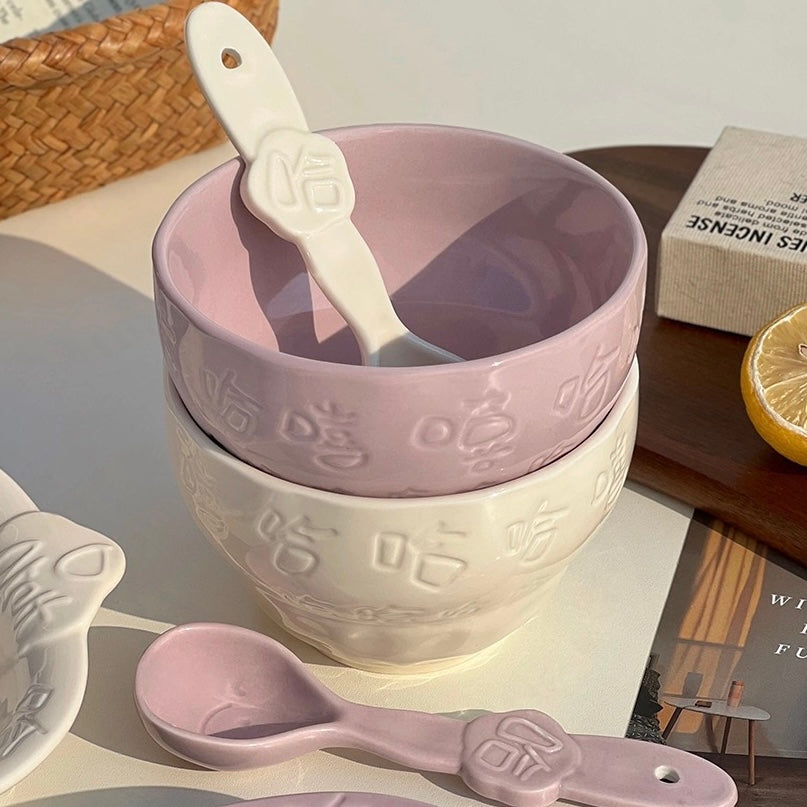 Cheerful Ceramic Bowl with Spoon | 550ml | Fun “Xixi Haha” Design | Microwave & Dishwasher Safe