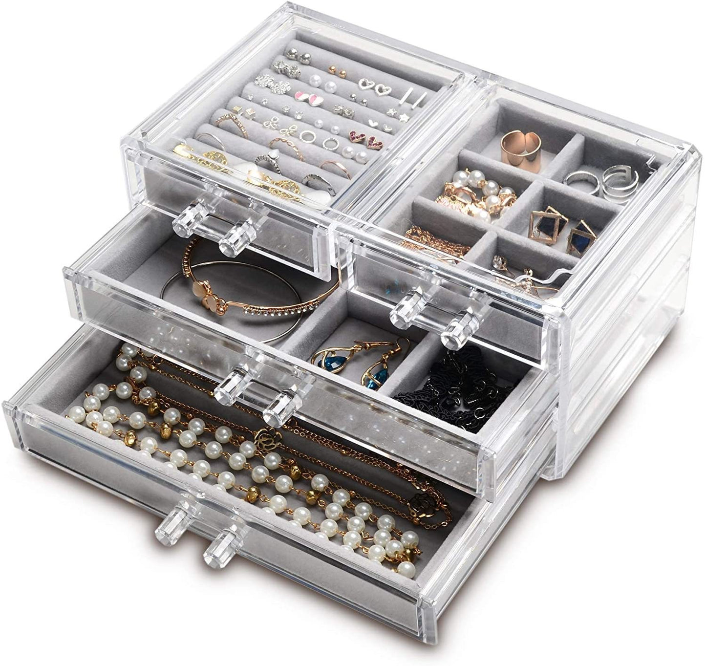 Elegant Acrylic Jewelry Box with 4 Drawers – Velvet Lined Storage for Rings & Bracelets