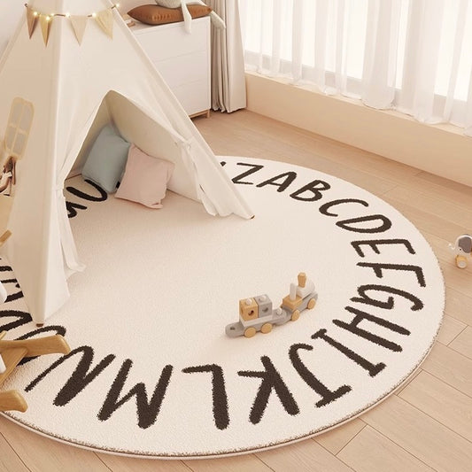 Black and White Alphabet Plush Bedside Rug | Ultra-Soft 100x100cm Round Carpet | Cozy & Soft Design