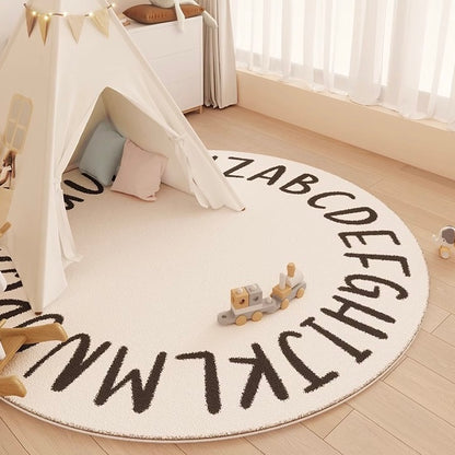 Black and White Alphabet Plush Bedside Rug | Ultra-Soft 100x100cm Round Carpet | Cozy & Soft Design