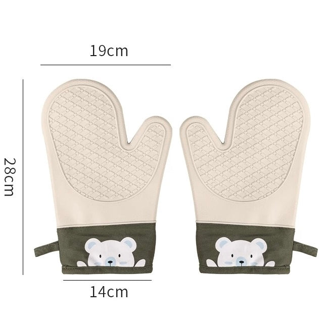 Cute Bear Heat-Resistant Silicone Oven Gloves - Set of 2, Non-Slip Baking Mitts for Cooking & Baking