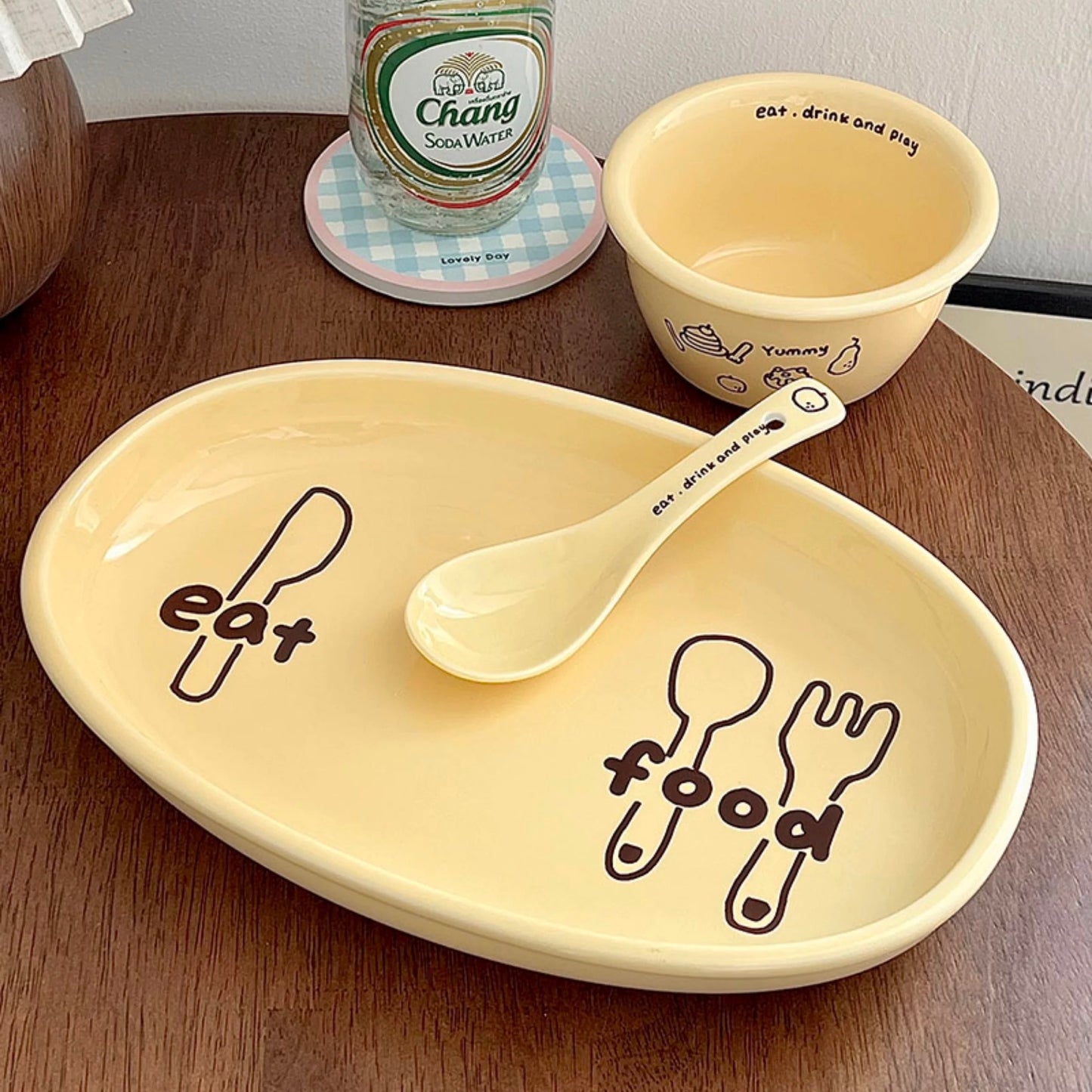 Cheese Yellow Ceramic Dinnerware Set – Set of 3 | Bowl, Oval Plate & Spoon with Fun Illustrations