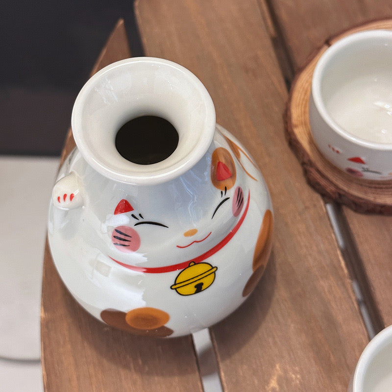 Lucky Cat Ceramic Sake Set - Japanese Gift Packaging, 1 Bottle & 2 Cups