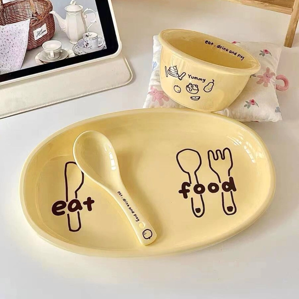 Cheese Yellow Ceramic Dinnerware Set – Set of 3 | Bowl, Oval Plate & Spoon with Fun Illustrations